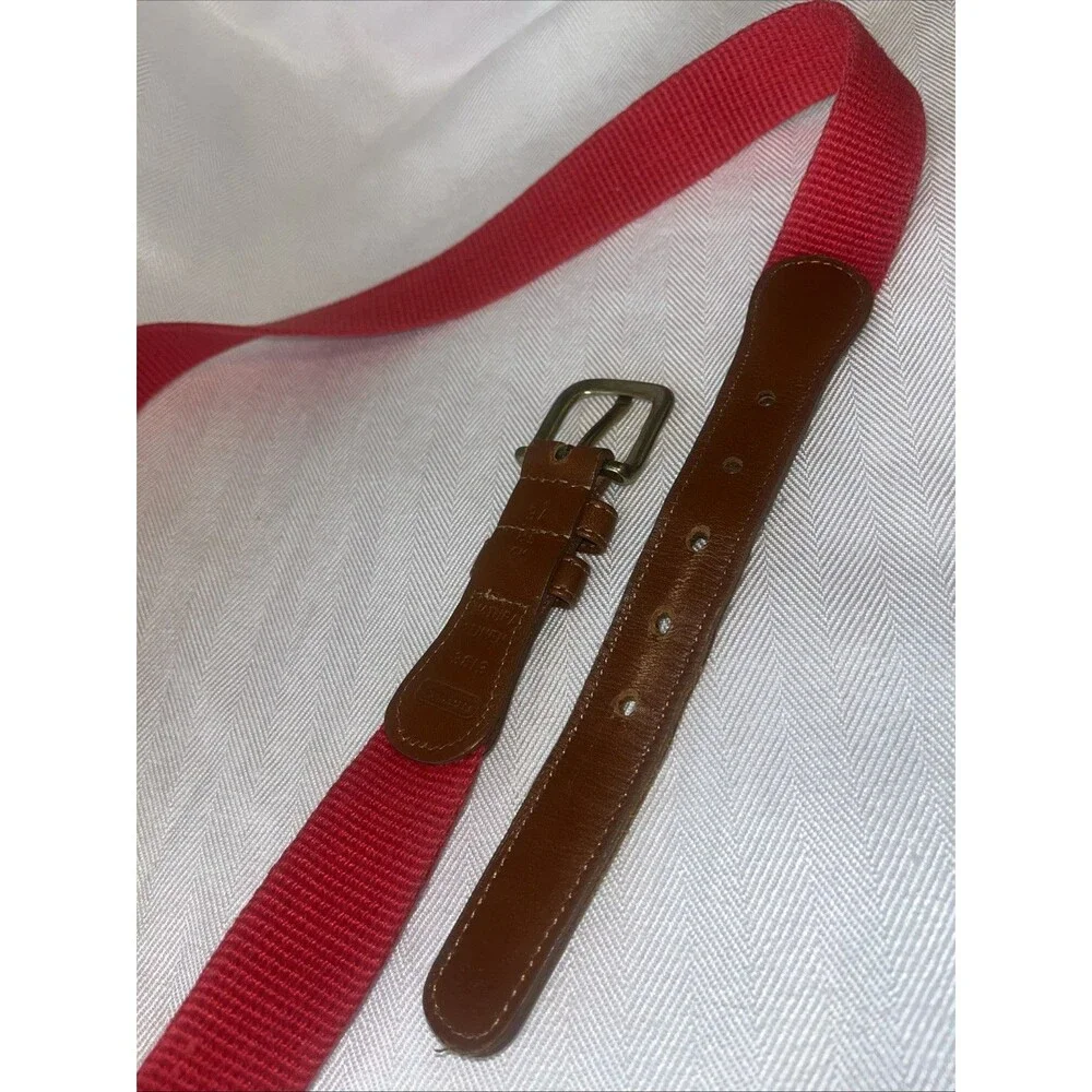 Vintage Coach Red Linen Brown‎ Leather Tab Brass Buckle Belt 34